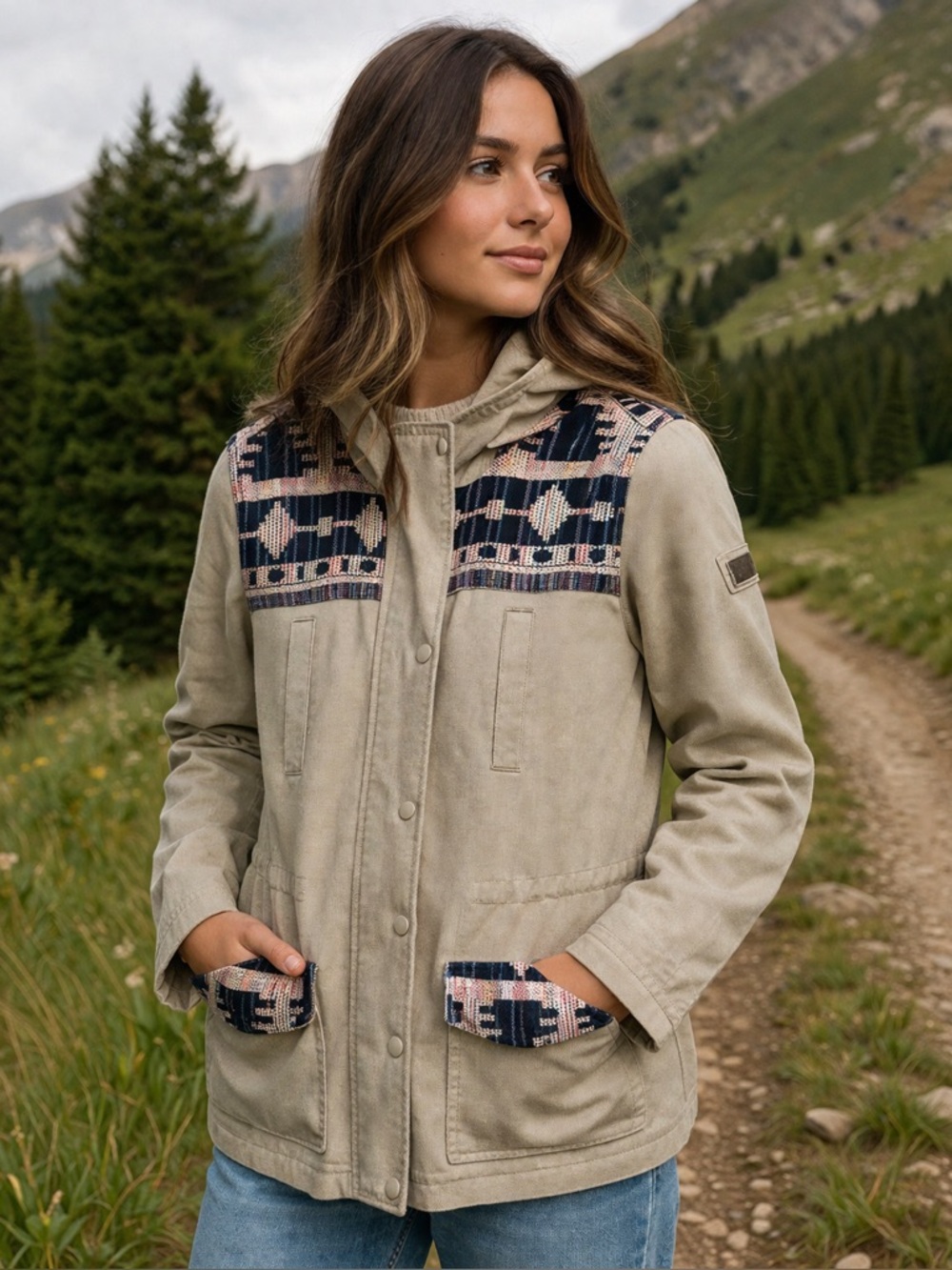 Tom Tailor Denim Utility Jacket Boho Aztec Hooded Cotton Size S
